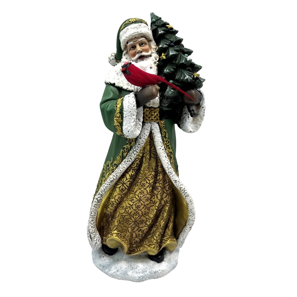 Irish Santa With Redโ Cardinal And Christmas Tree Greens and Gold Robe 10"